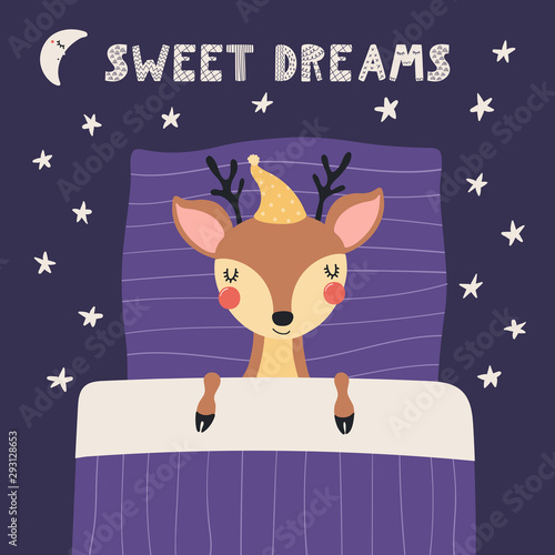 Hand drawn vector illustration of a cute deer in a nightcap, sleeping in bed,...