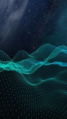 Abstract landscape on a dark background. Cyberspace grid. hi tech network. Outer space. Vertical orientation. Starry outer space texture. 3D illustration
