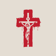 Sticker - Vector banner with crucifixion. Religious illustration with crucified Jesus Christ on the abstract red cross, a Catholic symbol. INRI