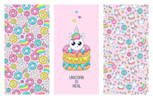 Set Of Cute Posters. Baby Unicorn Playing With Donuts.Fairytale Seamless Pattern. Donut Unicorn With White  Glaze And Rainbow Tail, Pink, Blue Mint And Yellow Lemon Donuts, Pink Comet With Rainbow