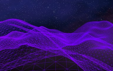 Abstract ultraviolet landscape on a dark background. Purple cyberspace grid. hi tech network. Outer space. Violet starry outer space texture. 3D illustration