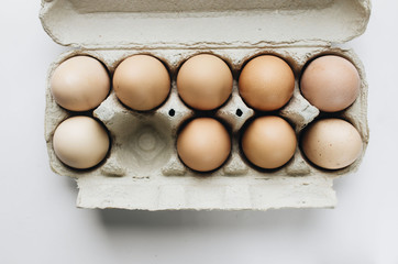 Wall Mural - Chicken eggs in cardboard package on white background