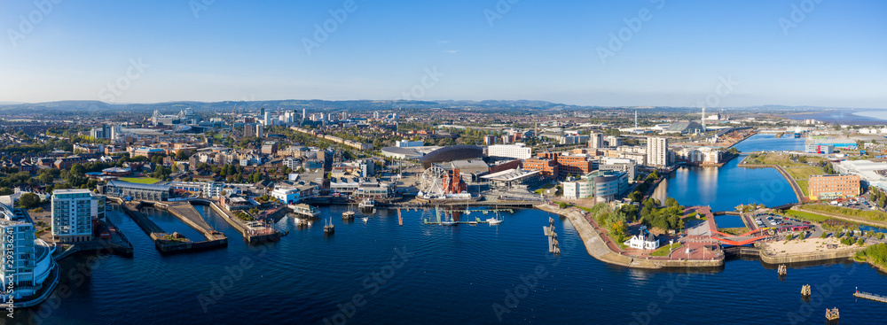 Aerial view of Cardiff Bay, the Capital of Wales, UK 2019 on a clear sky summer day - obrazy, fototapety, plakaty 