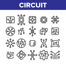 Circuit Computer Chip Collection Icons Set Vector Thin Line. Different Electronic Circuit And Electronic Module, Processor And Micro-scheme Concept Linear Pictograms. Monochrome Contour Illustrations