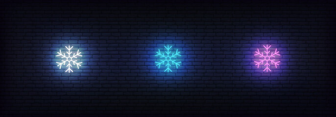 Wall Mural - Snowflake icon neon. Set of glowing neon colorful snow icons