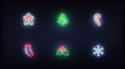 Wall Mural - Christmas neon icons. Vector glowing neon colorful symbols for Xmas and New Year