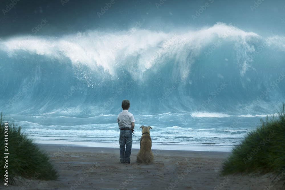 Kleiner Junge mit Hund sieht Riesenwelle auf sich zukommen - obrazy, fototapety, plakaty 