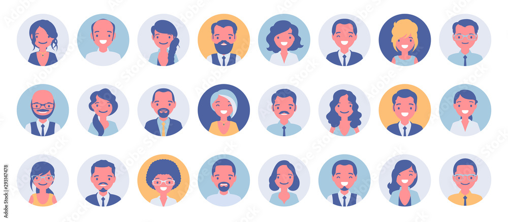 Business people avatar big bundle set. Businessmen and businesswomen face icons, character pic to represent online user in social net. Vector flat style cartoon illustration isolated, white background - obrazy, fototapety, plakaty 
