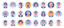 Business People Avatar Big Bundle Set. Businessmen And Businesswomen Face Icons, Character Pic To Represent Online User In Social Net. Vector Flat Style Cartoon Illustration Isolated, White Background
