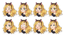 A Set Of Cute Anime Girl Wearing Cat Costume With Different Expressions. Blonde Hair, Big Green Eyes. Hand Drawn Retro Anime Vector Illustration. Can Be Used For Avatar, Stickers, Badges, Prints Etc.
