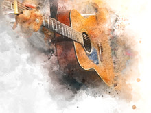 Abstract Colorful Shape On Acoustic Guitar In The Foreground On Watercolor Painting Background And Digital Illustration Brush To Art.