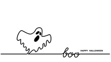 Ghost Says Boo.Happy Halloween Vector Simple One Continuous Line Drawing For Background, Banner, Illustration. Black And White Halloween Ghost.