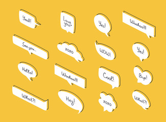 Wall Mural - Set of isometric speech bubbles. Questions speech bubbles set in flat design with short messages.
