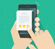 © vladwel - Feedback or testimonial review on cellphone vector, flat cartoon hands with mobile phone and document or message with text and rating stars, evaluation or assess of customer satisfaction image