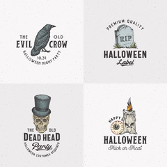 Wall Mural - vintage style halloween logos or labels template set. hand drawn raven, scull, candle, eye and tomb 