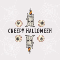 Wall Mural - Vintage Style Halloween Headline or Title Greetings Label Template. Hand Drawn Evil Candle and Eyes Sketch Frame or Borders with Retro Typography. Web Drawings Background.