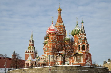 Cathedral of the Intercession of the blessed virgin Mary, on the Moat (St. Basil's Cathedral) and the Spasskaya tower of the Moscow Kremlin. Moscow, Russia