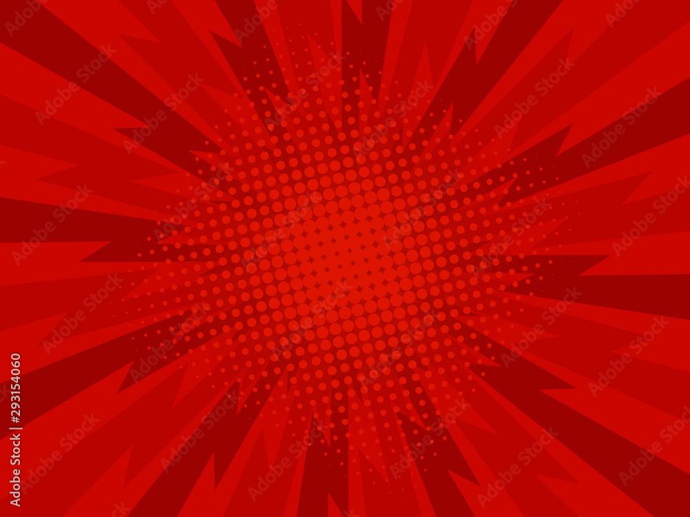Retro comic rays red dots background. Focus. Vector illustration in pop art retro style - obrazy, fototapety, plakaty 