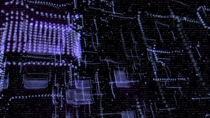 Fototapete - Futuristic 3D Footage Virtual Reality Hologram Rendering Network Communication Concept. 4K Motion Graphic Scifi Future Construction Technology Data Fly Through Background.