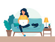© Biscotto Design - girl with laptop sitting on the chair. Freelance or studying concept. Cute illustration in flat style.