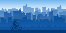 Vector Landscape. A Cyclist Rides Through The City. Flat Style. Blue Wallpapers. Silhouette Of A Guy On A Bike. Cycling Through The Park. Buildings. Panorama