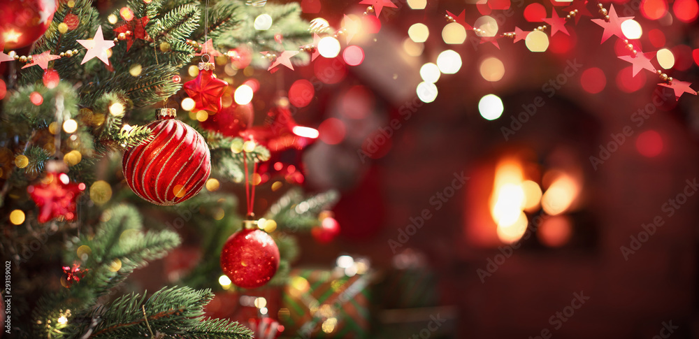 Christmas Tree with Red Balls and Stars Stock Photo | Adobe Stock