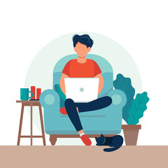 Wall Mural - man with laptop sitting on the chair. freelance or studying concept. cute illustration in flat style