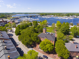 Newburyport historic downtown including Merrimack Street and Waterfront Promenade Park with Merrimack River at the background aerial view, Newburyport, Massachusetts, MA, USA.