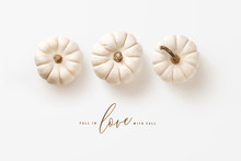 Minimalist Autumn / Fall Concept With Three White Pumpkins In A Row And Calligraphy Inspired Message, Perfect As Seasonal Background, Banner, Or Greeting Card - Flat Lay / Top View