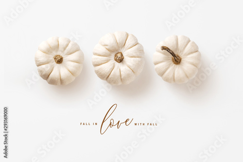 Fotomural minimalist autumn / fall concept with three white pumpkins in a row and calligra