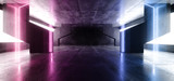 Fototapeta Do przedpokoju - Neon Laser Purple Blue Glowing Concrete Grunge Big Hall Tunnel Alien Corridor Empty Futuristic Modern Stage Podium Hall Industrial Garage Underground 3D Rendering