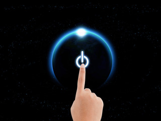 planet earth and power button. finger pressing power button energy. energy saving concept. elements 