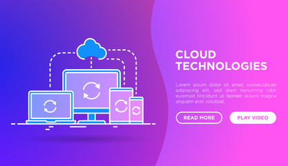Wall Mural - cloud technologies web page template with thin line icons: monoblock, laptop, tablet and smartphone 