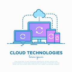Wall Mural - cloud technologies concept with thin line icons: monoblock, laptop, tablet and smartphone are connec