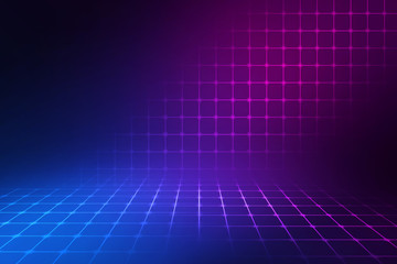 Wall Mural - Empty background scene. Dark street reflection on wet asphalt. Rays of neon light in the dark, neon shapes, smoke. Background of an empty stage show. Abstract dark background.