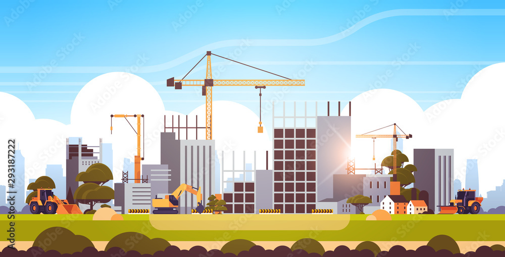 modern construction site with cranes tractor and bulldozer unfinished building exterior sunset background flat horizontal - obrazy, fototapety, plakaty 