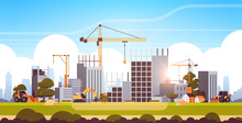 Modern Construction Site With Cranes Tractor And Bulldozer Unfinished Building Exterior Sunset Background Flat Horizontal