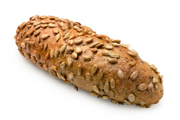 Poster - Long whole wheat bread roll with sunflower seeds isolated on white.