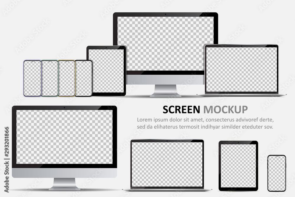 Screen mockup. Computer monitor, laptop, tablet and smartphone with blank screen for design - obrazy, fototapety, plakaty 