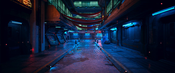 beautiful neon night in a cyberpunk city. photorealistic 3d illustration of the futuristic city. emp