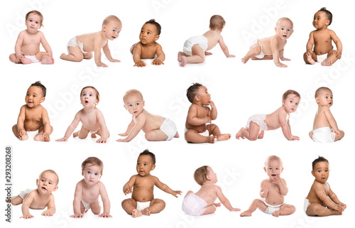 Cuadros en Lienzo Cute little baby crawling on white background