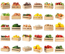 Set Of Wooden Crates With Different Fruits, Vegetables And Eggs On White Background