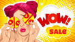© innakos - Wow female face. Sexy surprised young woman with pink hair. Vector bright background in pop art retro comic style. Beautiful pink lips. Label, label or price tag in hands.