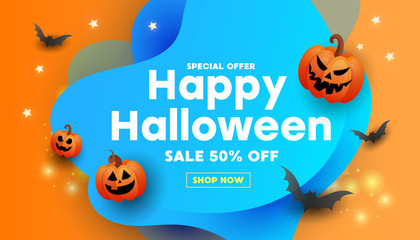 Modern happy halloween sale promotion banner with scary faces pumpkins, bats on an orange blue background. Halloween website sale banner, poster or card template.