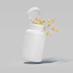 Wall Mural - Close up of white bottle medicine with spilling pills on light background, 3d rendering.