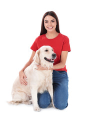 Canvas Print - Young woman and her Golden Retriever dog on white background