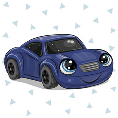 Blue car with eyes on isolated on white background