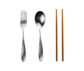 Spoon fork stainless and wooden chopsticks isolated object with clipping path on a white color background.