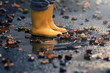 © R_boe - closeup on yellow rubber boots of a child in a puddle after a rain on a stormy autumn day - childhood and seasonal concept - background blanked out blurry