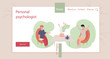 © Владимир Непомнящий - Personal psychologist. Young girls are seated at table. Conversation with psychologist. Recording story. Landing page. Vector. People in cartoon and flat style. Web page.